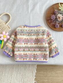 Baby Girl Vintage Tie-Dye Plush Cardigan, Colorblock Ribbed Trim Single-Breasted Pocket Warm Autumn/Winter Jacket - Purple - View 2