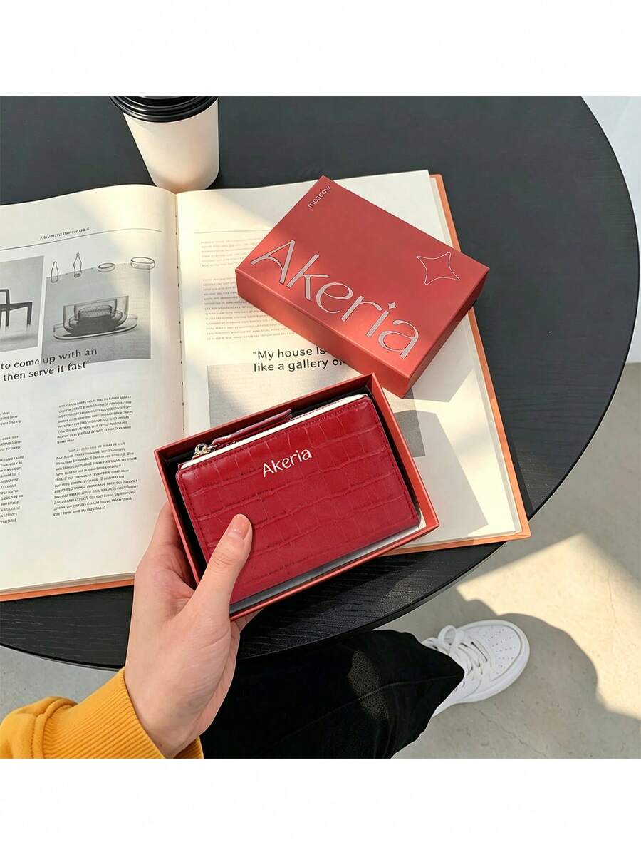 New Women's Short Zipper Bifold Wallet Gift Box, Large Capacity Premium Card Holder Coin Purse For Girlfriend - Red - View 1