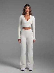 Women's Casual Sport 2 Pieces Set,V Neck Removable Padding Wrap Ruched Bust Knot Back Long Sleeve Tops,Skinny Basic Activewear Flare Pants,Gym Sports - Grey - View 1