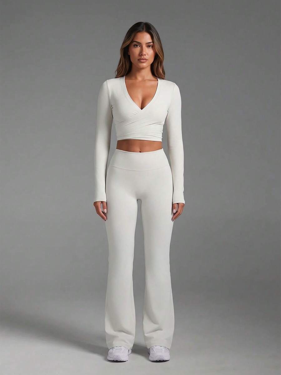 Women's Casual Sport 2 Pieces Set,V Neck Removable Padding Wrap Ruched Bust Knot Back Long Sleeve Tops,Skinny Basic Activewear Flare Pants,Gym Sports - Grey - View 1