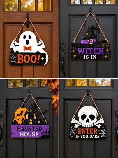 1pc 11.8*11.8inch Halloween Ghost BOO Wooden Door Sign, Rustic 2D Flat Hanging Door Decor With Rope, Cute Witch Hat Broom Pumpkin Design, Spooky Welcome Plaque For Front Door Porch Entryway Wall, Halloween Party Home Outdoor Decor