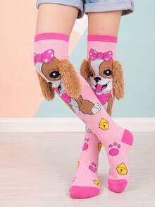 Girls' Fun Knee-High Socks With 3D Fuzzy Dog Ear Pattern And Cute Puppy Bow Design, Perfect For Birthday Parties Or Role Play Activities - Multicolor - View 7