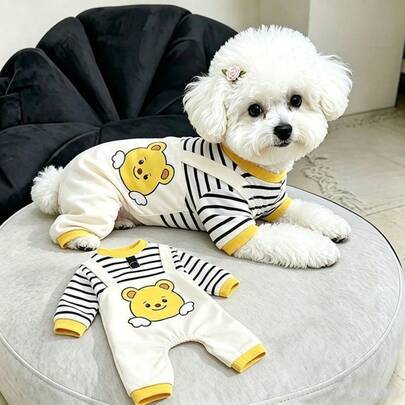 1PC Cute Pet Jumpsuit Autumn/Winter Yellow Striped Cat/Dog T-Shirt Soft And Comfortable Pet Clothing Hoodie Suitable For Teddy Poodle And Other Small And Medium Sized Pets
