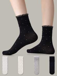 ZUJO 4 Pairs Women's Mid-Calf Slouch Socks, Ruffled Polka Dot Pattern, Suitable For All Seasons, Perfect For Home And Travel, Simple And Comfortable, Random Color - Multicolor - View 1