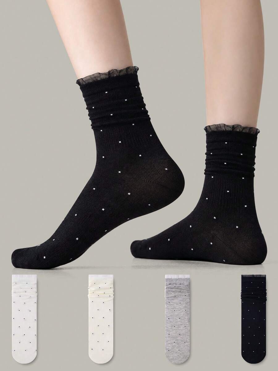 ZUJO 4 Pairs Women's Mid-Calf Slouch Socks, Ruffled Polka Dot Pattern, Suitable For All Seasons, Perfect For Home And Travel, Simple And Comfortable, Random Color - Multicolor - View 1