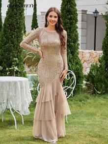 Elegant Champagne Gold Embellished Layered Evening Dress, Suitable For Parties, Gatherings, Holidays, Dates - Champagne Gold - View 5