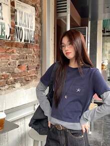 YCYC Korean Style 2 In 1 Striped Patchwork Pullover Slimming Versatile Casual Long Sleeve T-Shirt Crop Top For Women - Navy Blue - View 7