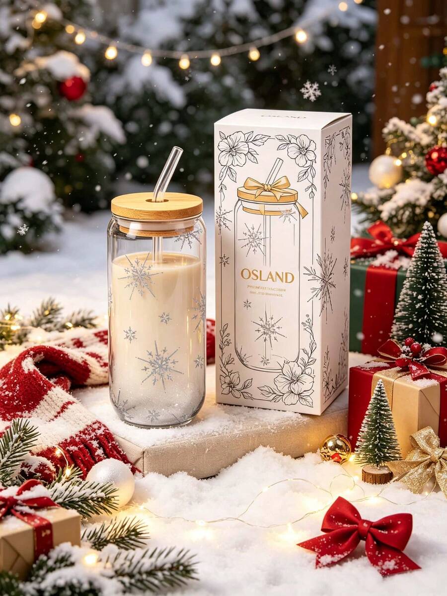 1pc/5pcs 16oz Christmas Mason Glass Cup With Bamboo Lid And Glass Straw ...