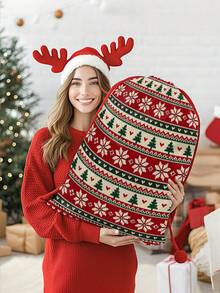 2pcs Red & Green Snowflake Christmas Tree Print Gift Wrapping Bags, Nordic Style Fabric Rectangular Drawstring Gift Sacks With Knit-Look Pattern For Christmas Presents, Party Favors & Holiday Decor - Multicolor - View 1