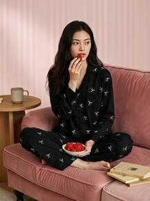 Joivida 2pcs Women Loose Comfortable Breathable Long Sleeve Top And Long Pants Pajama Set - Black - View 2
