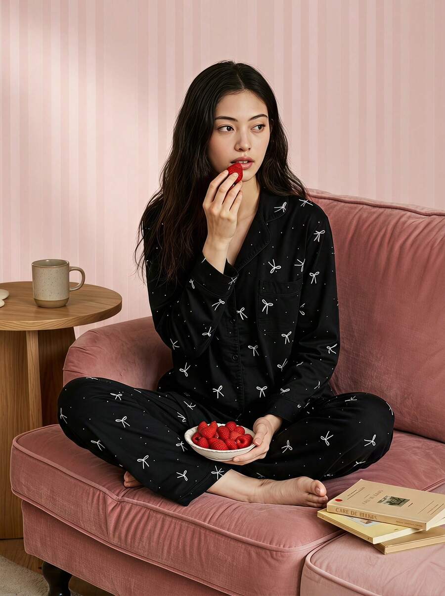 Joivida 2pcs Women Loose Comfortable Breathable Long Sleeve Top And Long Pants Pajama Set