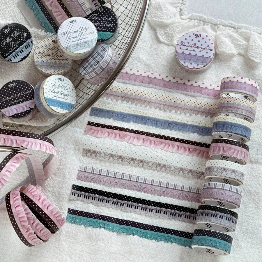 Pita Washi Renda Bergelombang, Motif Polkadot & Papan Ketik Piano, Pita Perekat Dekoratif Bergaya Vintage untuk Jurnal, Scrapbooking & Hiasan Album - A - View 1