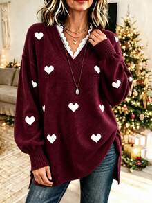 Plus Size Women's Burgundy Knit V-Neck Pullover Sweater, White Heart Print, Essential For Autumn/Winter Warmth - Red - View 3