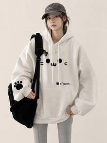 Autumn/Winter Round Neck Loose Slouchy Casual Versatile Cute Cat Face Cartoon Print Thermal Lined Sweatshirt For Women - Light Gray - View 1