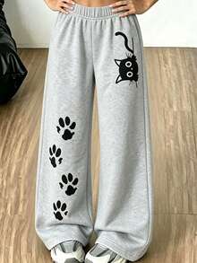 Lurzo Tween Girls' Fashion Cute Cat & Star Print Casual Pants, Light Gray Casual Sports Back-To-School Pants, Suitable For Spring, Summer, Autumn And Winter Wear - Grey - View 1