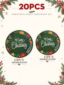 10/20pcs Christmas Disposable Paper Tableware Set, Includes 7-Inch And 9-Inch Plates, Cups, Napkins And Straws; Featuring Deep Green "Merry Christmas", Poinsettia And Bell Decorative Patterns, Suitable For Christmas Parties, Holiday Dinners, Winter Celebrations And Holiday Table Decor. - Multicolor 3 - View 15