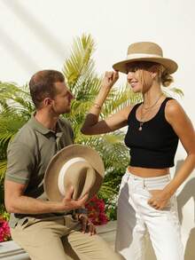 1pc Women's Colorblock Fashionable Summer Sun-Shielding Versatile Woven Jazz Hat, Straw Hat - Khaki - View 4