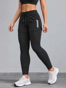 Women 2 In 1 High Waist Sports Leggings With Drawstring Layered Shorts Slim Fit Active Pants - Black - View 8