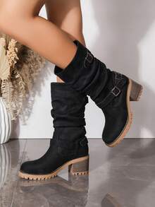 Vintage Ruched Mid-Calf Boots For Women, Chunky Heel, Thick Sole, Belt Buckle, Western Style, Wrinkled Boots, Autumn/Winter Riding Boots - Black - View 3