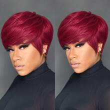1 PC Short Straight Pixie Cut Wigs For Women Human Hair 6 Inch 180% Density Layered Machine Made Wigs With Bangs Black Color & BUG Red Color Pixie Wig Brazilian Remy Hair - SBUG - View 5