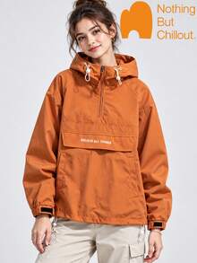 NBCT Women's Loose City Casual Style Half-Zip Hooded Pullover Functional Outdoor Jacket, Adjustable Hood Drawstring, Hook-And-Loop Cuffs, Hiking Jacket - Caramel Color - View 1