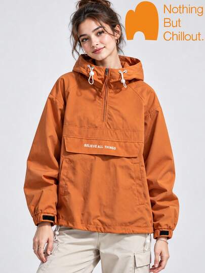 NBCT Women's Loose City Casual Style Half-Zip Hooded Pullover Functional Outdoor Jacket, Adjustable Hood Drawstring, Hook-And-Loop Cuffs, Hiking Jacket