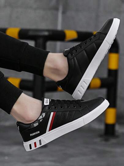 1 Pair Sports Shoes, Versatile Men's Shoes, College Style Casual Skateboard Shoes, Comfortable Flat Bottom Wear-Resistant PU Material, Suitable For Valentine's Day, Halloween, Graduation Season, Dating, Shopping, Commuting, Party, Daily Wear