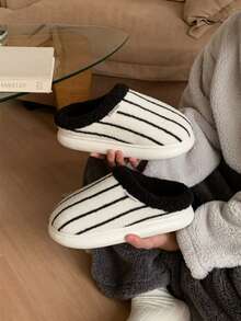 XIXITIAO Minimalist Casual Striped Slippers, Warm Winter Soft Sole House Slippers - White - View 11
