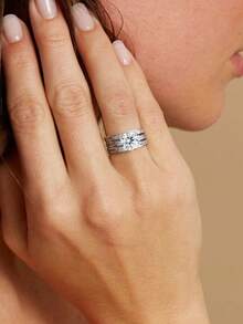 1pc Moissanite Ring Set, Luxury 2CT Crown 3 Pieces Diamond Ring Set, Suitable For Women's Wedding - Silver - View 4