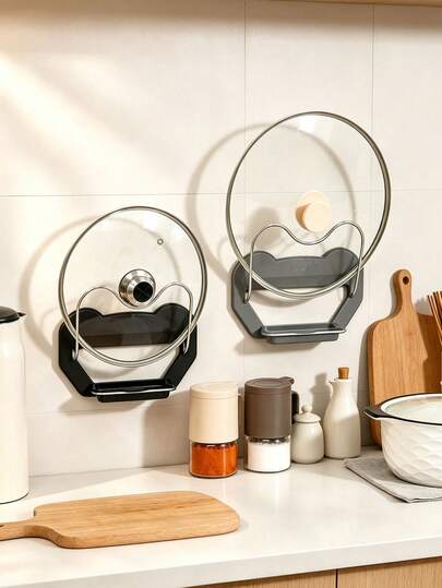 1pc Wall Mount Pot Lid Holder, No Drill Kitchen Storage Rack For Cutting Board & Large Pan Lid, Plastic Material, Minimalist Style, All Season, For Adults, Home Kitchen Wall Storage, Pot Lid Organizer, Cutting Board Holder, Wall Mounted Shelf