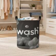 Black Washed Letter Bubble Print Cylindrical Laundry Basket, Portable Foldable Storage Bin, Large-Capacity Dirty Clothes And Toy Storage Box, For Laundry Room, Bedroom, Bathroom, Dorm, Closet, Sturdy Handles, Space-Saving Design - Grey - View 9
