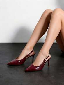 Adjustable Strap Backless High Heel Shoes, Plus Size Wide Fit Pointed Toe Elegant Commute Party Pumps - Burgundy - View 6