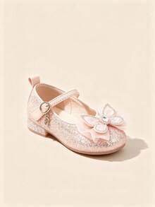 1 Pair Little Girls Pink Mary Jane Princess Shoes, Glitter Rhinestone Butterfly Decor Low Heel Ankle Strap Kids Pumps For Wedding Party Birthday - Pink - View 3