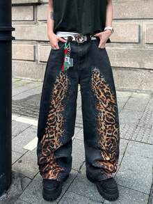 1pc Digital Print Loose Fit Casual Straight Leg Jeans, Comfortable Streetwear Style Pants For Men, Versatile All Season - الأسود - مشاهدة 3