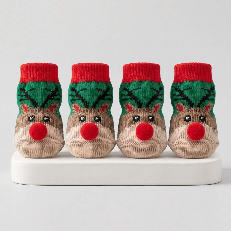Christmas Reindeer Pet Socks 4pcs/Set, Non-Slip Silicone Grip Bottom, Elastic Knitted Paw Protectors, Suitable For Small Dogs, Medium Dogs And Cats, Indoor Floor Protection, Holiday Party Photo Props - Multicolor - View 1