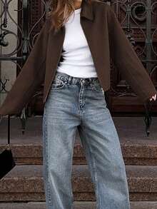 Women's Solid Color Long Sleeve Zipper Front Casual Jacket, Loose Fit Zipper Lapel Long Sleeve Outerwear, Street Style Layering Piece, Suitable For Autumn/Winter Daily Outfits - Dark Brown - View 5