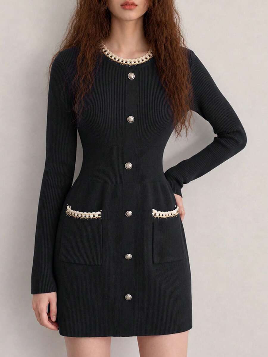 Women's Autumn/Winter Minimalist Elegant Lady Style Round Neck Knit Dress - Black - View 1