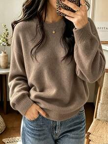 Women's Comfortable Crew-Neck Knit Top, Stylish Solid-Color Long-Sleeve Pullover, Loose-Fit Basic Sweater-Perfect For Everyday Wear. - Earth Gray - View 5