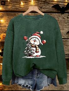 Women's New Arrival: Loose-Fit, Slimming Long-Sleeve Sweater With Christmas Tree &SnowmanPrint– PerfectforLounging,HolidayGifting,AndFestiveGatherings - Dark Forest Green - View 6