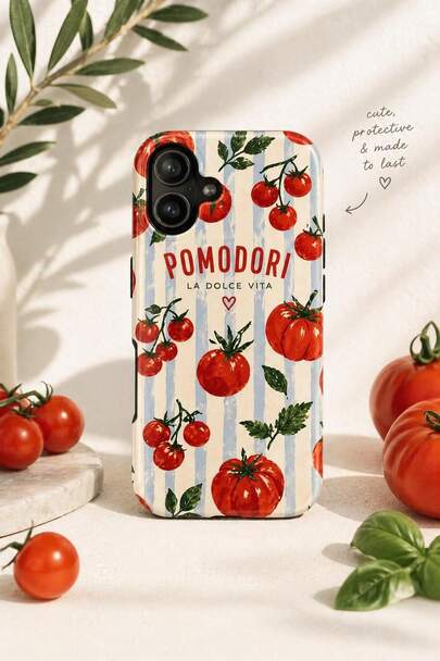 Tomato Phone Case- Vintage Italian Market Striped La Dolce Vita Aesthetic Case, Cute Fruit Pattern, Summer Coastal Style Protective Case
