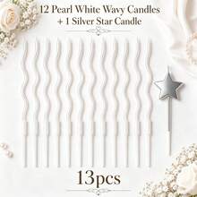 13pcs Birthday Cake Candles Set, Includes 12 Pearl White Wavy Curve Candles + 1 Silver Star Shaped Candle, Elegant Minimalist Texture. Long Stem Design Easy To Insert Into Cake, Suitable For Birthday Party, Anniversary, Dessert Table Decoration. Exquisite Design For Photo-Worthy, Candles, Creating Romantic Celebration Atmosphere - View 4