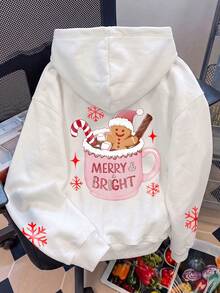 Women's White Christmas Gingerbread Man Print Long Sleeve Sweatshirt, Ribbed Knit Details, Winter Warm Lining Pullover - White - View 5