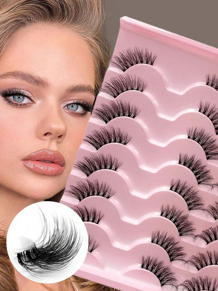 ENCHUW 16 Pairs False Eyelashes Fluffy Lashes With Clear Band Lashes Fake Eyelashes Curling Strip Lashes For Daily Wear - Black - View 1