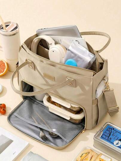 2-In-1 Portable Insulated Lunch Tote Bag, Multi-Function Commuter Handbag, Women's Thermal Lining Tote Bag, Large Capacity Laptop Bag With Cup Holder, Teacher Nurse Work Travel University Daily Commute Tote Bag, Khaki Color, Adult Insulated Bag