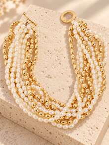 1pc Women's Multi-Layer Faux Pearl Necklace, Golden Color Beaded Layered Statement Necklace, Elegant Party Jewelry - Gold - View 3