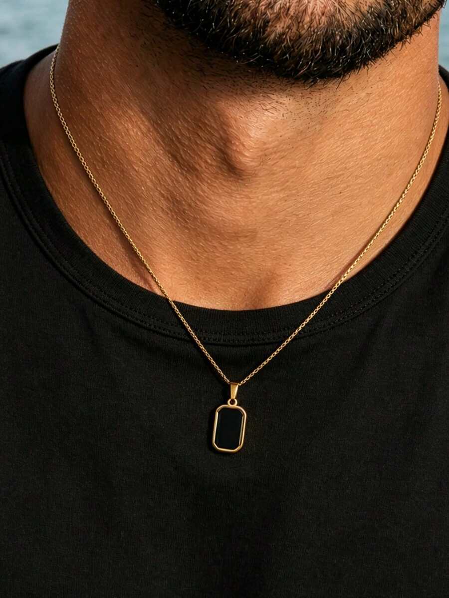 1pc Fashion Minimalist Stainless Steel Black Base Gold Edge Square Pendant Necklace, Durable Non-Fading Men's Collarbone Chain, Street Style Premium Accessory - Gold - View 1