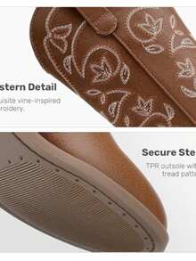 Botas vaqueras occidentales clásicas bordadas con estampado floral, punta redonda, media pantorrilla, cierre lateral - Marrón - Ver 5
