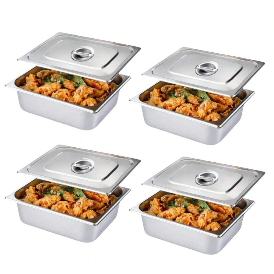 2/4pcs Stainless Steel Rectangular Food Pan With Lid, Buffet Serving Tray, Fast Food Cart Dish, Square Container