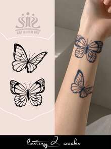 1pc Herbal Juice Semi-Permanent Magic Tattoo Sticker, Minimalist Fashion Butterfly Design, Long-Lasting 14 Days, Non-Fading, Non-Reflective, Temporary Tattoo Sticker For Arm, Shoulder, Neck, Collarbone, Leg And Body - Blue - View 1