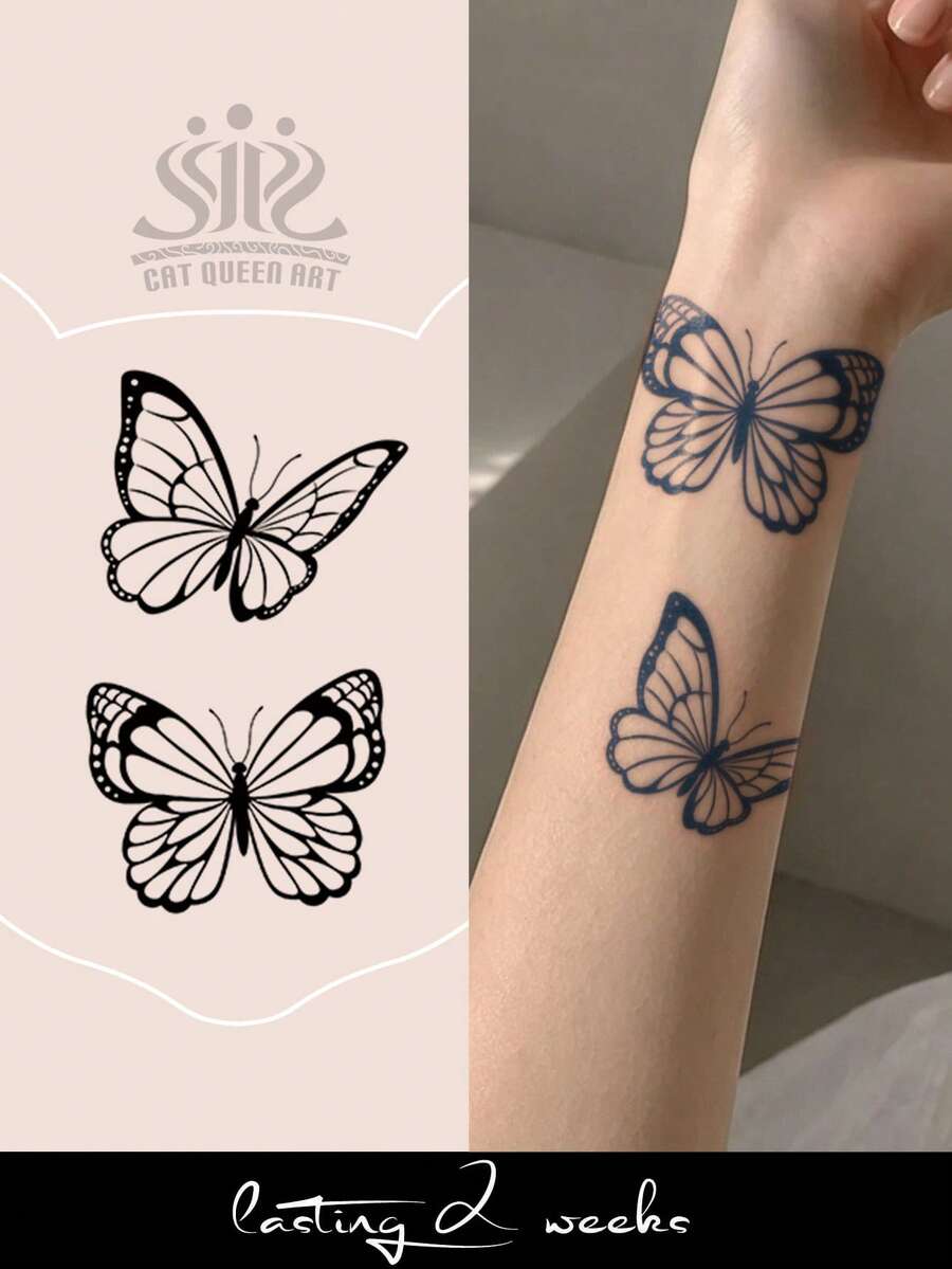 1pc Herbal Juice Semi-Permanent Magic Tattoo Sticker, Minimalist Fashion Butterfly Design, Long-Lasting 14 Days, Non-Fading, Non-Reflective, Temporary Tattoo Sticker For Arm, Shoulder, Neck, Collarbone, Leg And Body - Blue - View 1